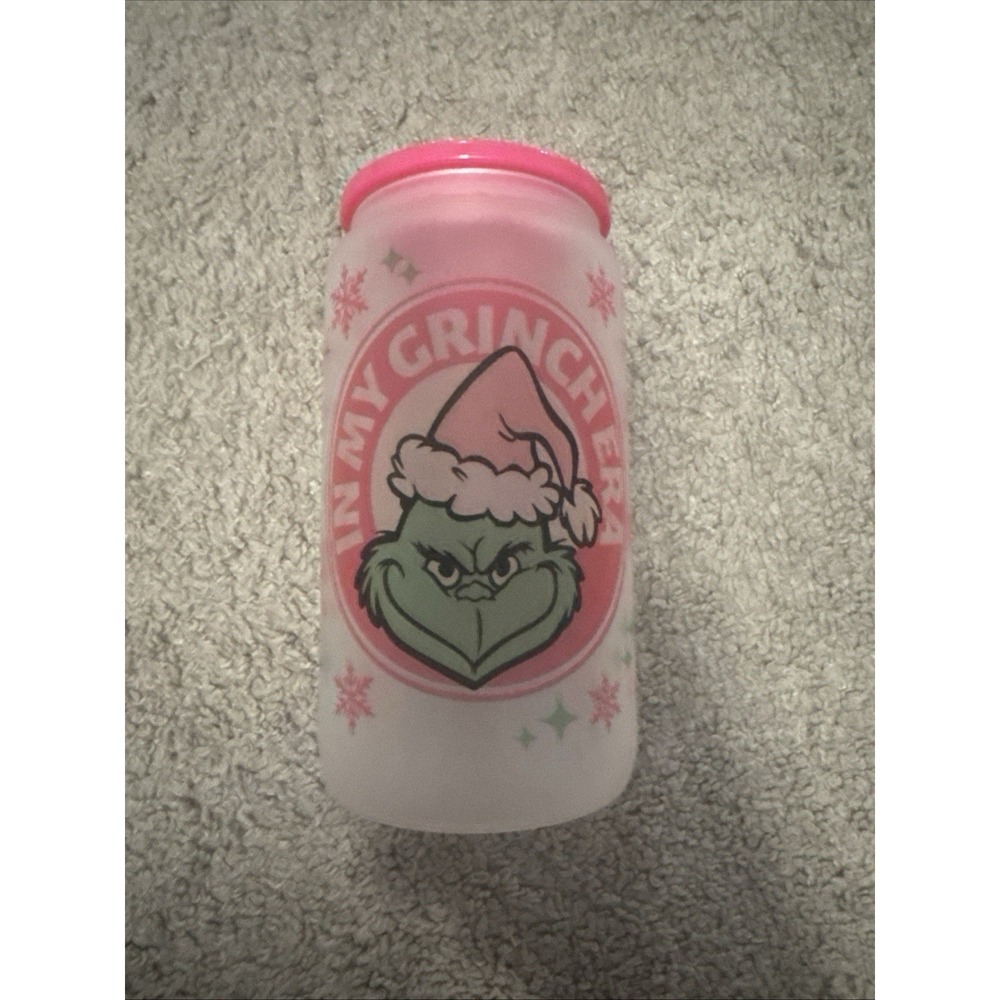 Grinch Pink & Green Christmas Glass Tumbler W/Lid 20 Oz In My Grinch Era NEW